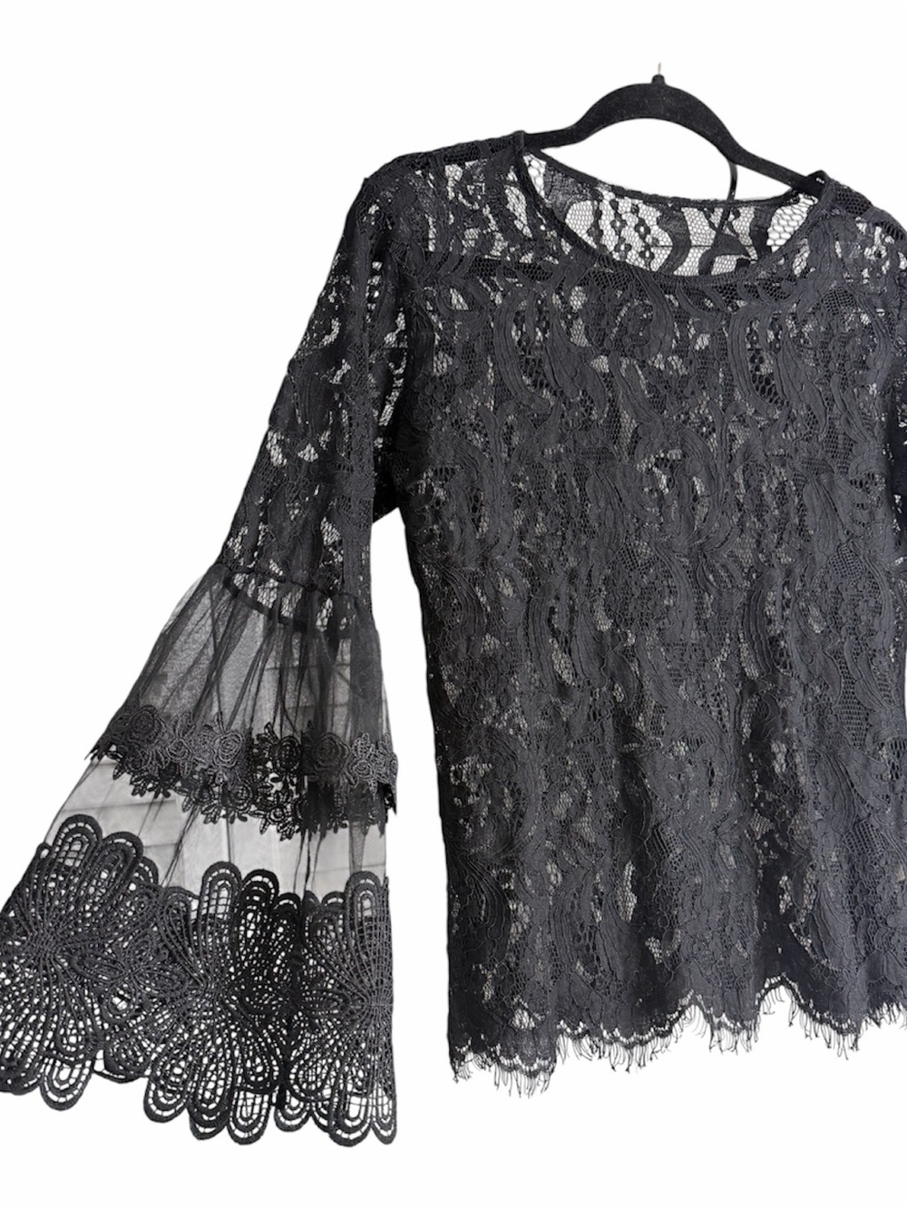 Say What Ny black lace bell sleeve top Size M Whimsigoth, witchy, elegant, sheer